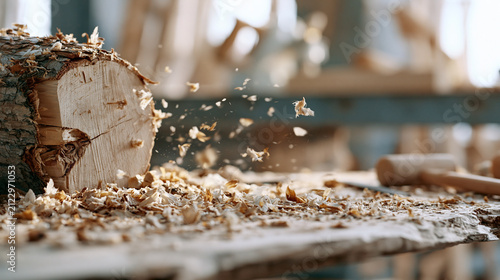 Close-up of wood shavings flying from a log in a woodworking studio.