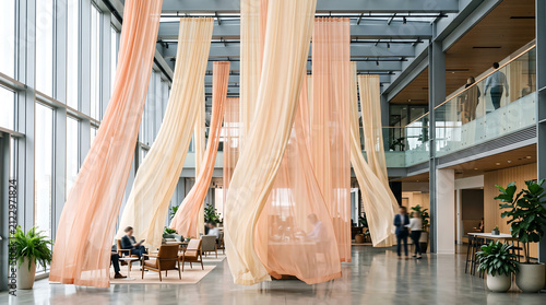 Modern Office Atrium featuring Tall Elegant Peach and Cream Fabric Curtains Flowing in the Wind