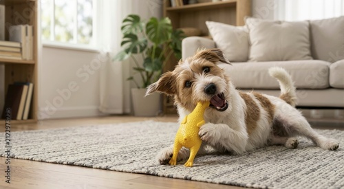 Small wirehaired dog playing with a yellow rubber toy indoors. Pet lying on a living room rug chewing a squeaky toy. Playful domestic canine in a cozy home interior