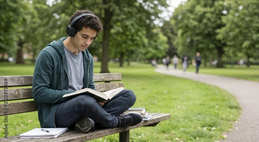 Obraz premium Young male student listening to music on headphones while studying in park. Focused man reading book on wooden bench outdoors. Education concept