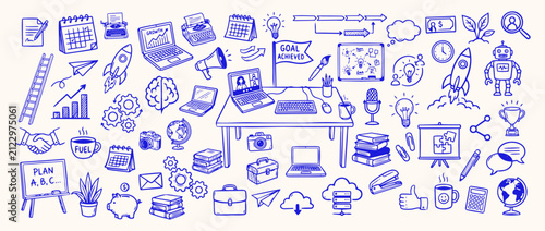 Business Doodles Collage: A vibrant collection of hand-drawn business-related doodles, including laptops, rockets, gears, graphs, and inspirational quotes.