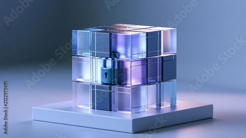 Transparent glass cube structure with a central blue lock on a base in blue studio light