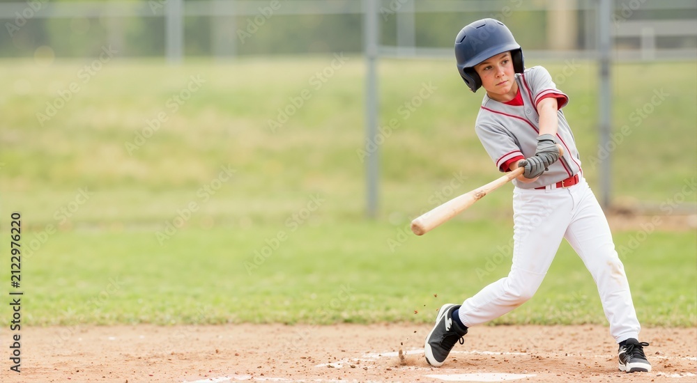 Obraz premium Young boy swinging a wooden baseball bat on a dirt field. Youth baseball player in uniform hitting during a game. Active kids sports and recreation