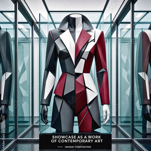 A mannequin in a coat in a shop window. Avant-garde geometric jacket as an object of modern art | Unique composition in a glass showcase
