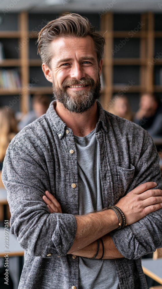 Obraz premium Man smiles in a classroom setting with other people in the background