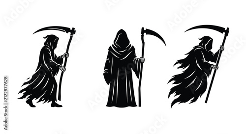Fotografie Three Grim Reaper Figures Holding Scythes Black Silhouette Illustration death sk