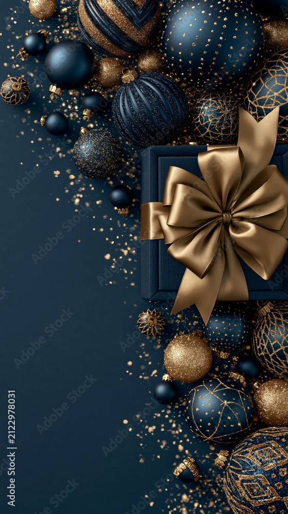 Obraz premium Luxurious blue and gold Christmas decorations with a gift box and large bow on a dark blue background.