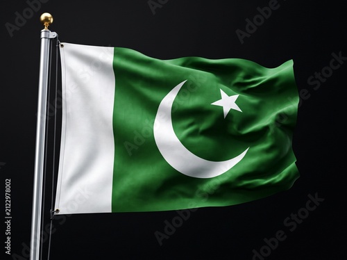 Принти на полотні A detailed Pakistani national flag waving gracefully on a metallic flagpole against a solid black studio background