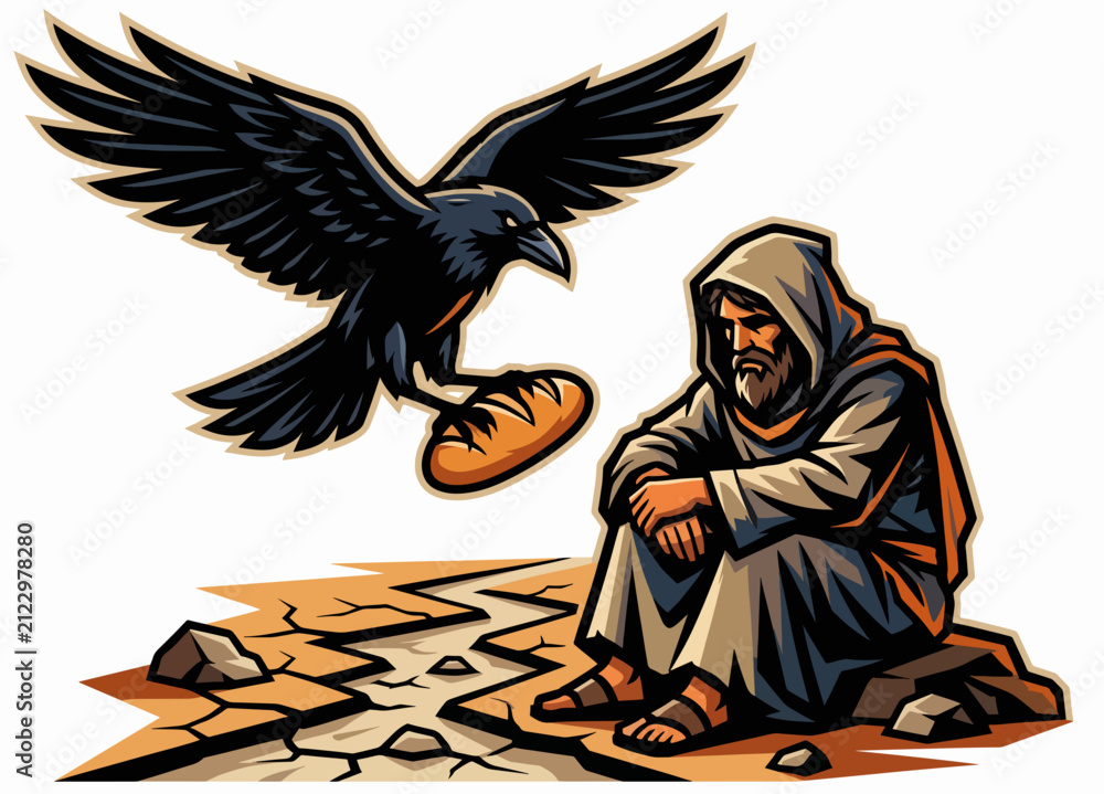 Naklejka premium Raven bringing bread to Prophet Elijah continuous line drawing. Old Testament theme. Minimalist vector illustration