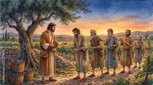Vineyard master paying workers equal silver coins at sunset. Parable of the vineyard workers watercolor illustration. Grace and generosity concept