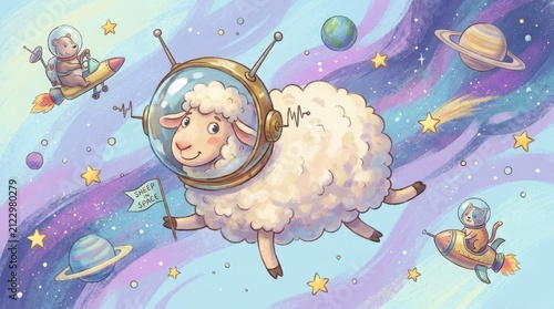 Whimsical digital painting of a sheep astronaut holding a flag in space. Cute animal floating among planets with a bear and cat in rockets