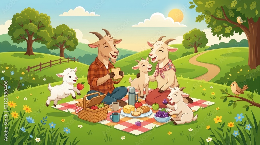 Fototapeta premium Vector illustration of a happy goat family having a picnic in a green meadow. Cartoon animals eating food on a checkered blanket. Sunny summer landscape with rolling hills