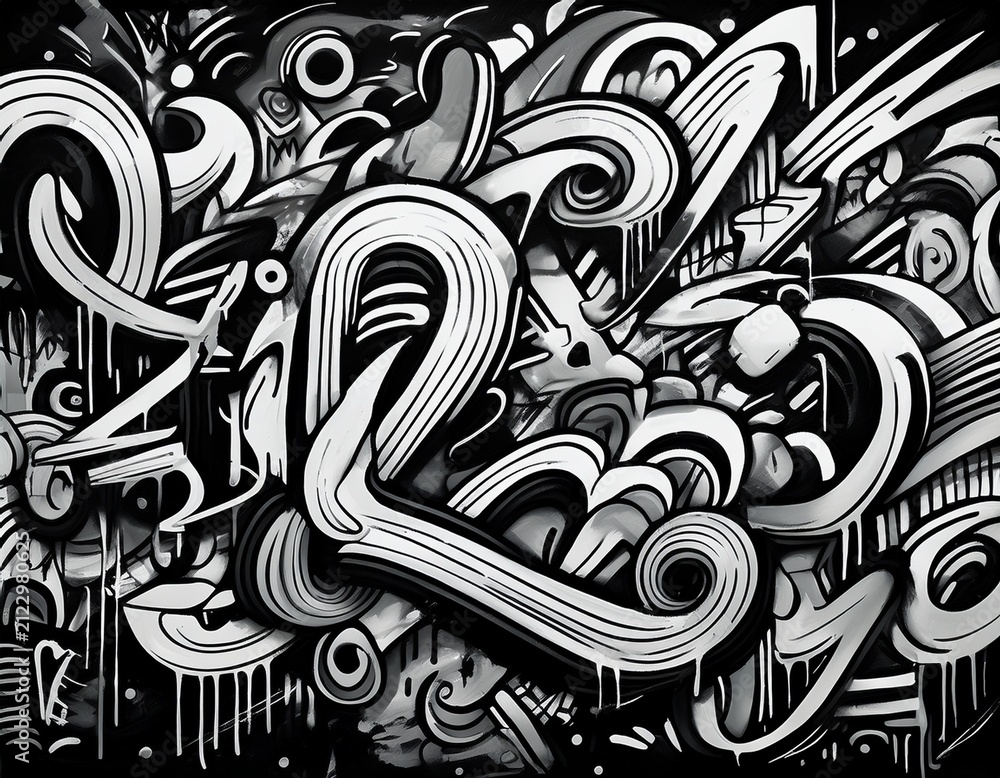 Naklejka premium black and white graffiti pattern texture background with a lot of black and white lettering