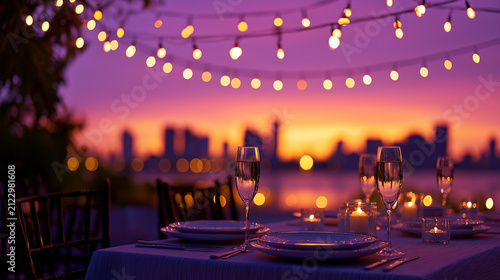 Luxury Rooftop Sunset Dinner with Champagne Glasses, Candlelight, and City Skyline Views Under String Lights