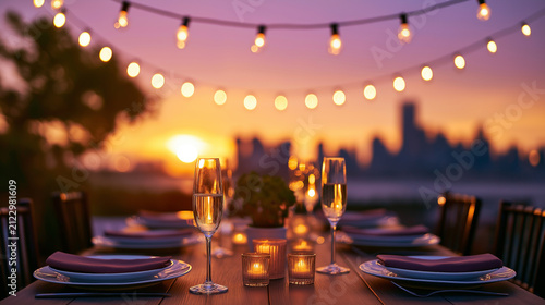 Romantic Rooftop Sunset Dinner with Champagne Glasses, Candlelight, and City Skyline Bokeh