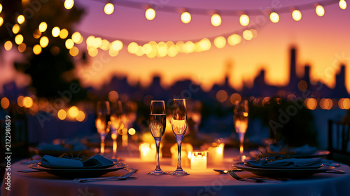 Romantic Rooftop Champagne Dinner at Sunset with Candlelight, String Lights, and Glowing City Skyline