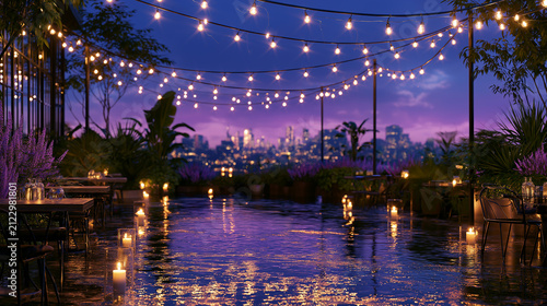 Enchanting Rooftop Garden Dining Terrace with Candlelit Reflections, String Lights, and City Skyline at Twilight