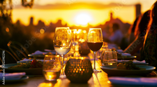 Luxury rooftop dinner at sunset with wine glasses and golden city skyline