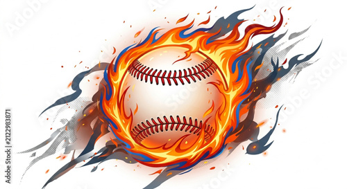 Bild auf Leinwand Baseball on fire with roaring flames and dynamic motion trail illustration isola