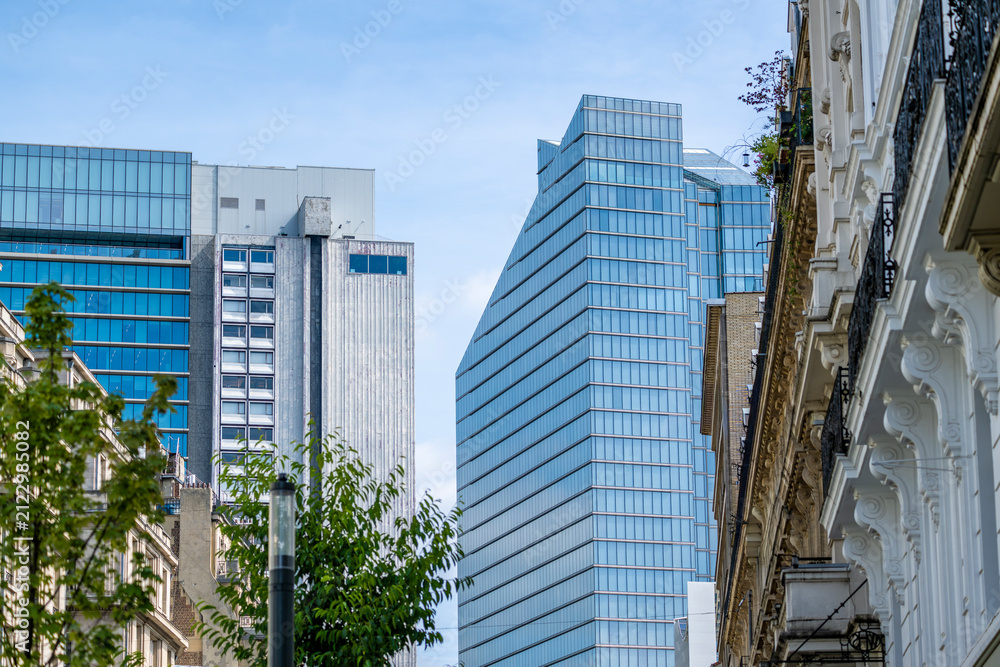 Fototapeta premium Minimal architectural detail of a contemporary glass facade in Brussels emphasizing clean horizontal lines, premium office construction and refined modern European design aesthetics.