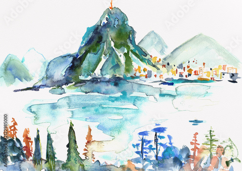 Monte San Salvatore above Lake Lugano with expressive forest foreground, hand-painted watercolor