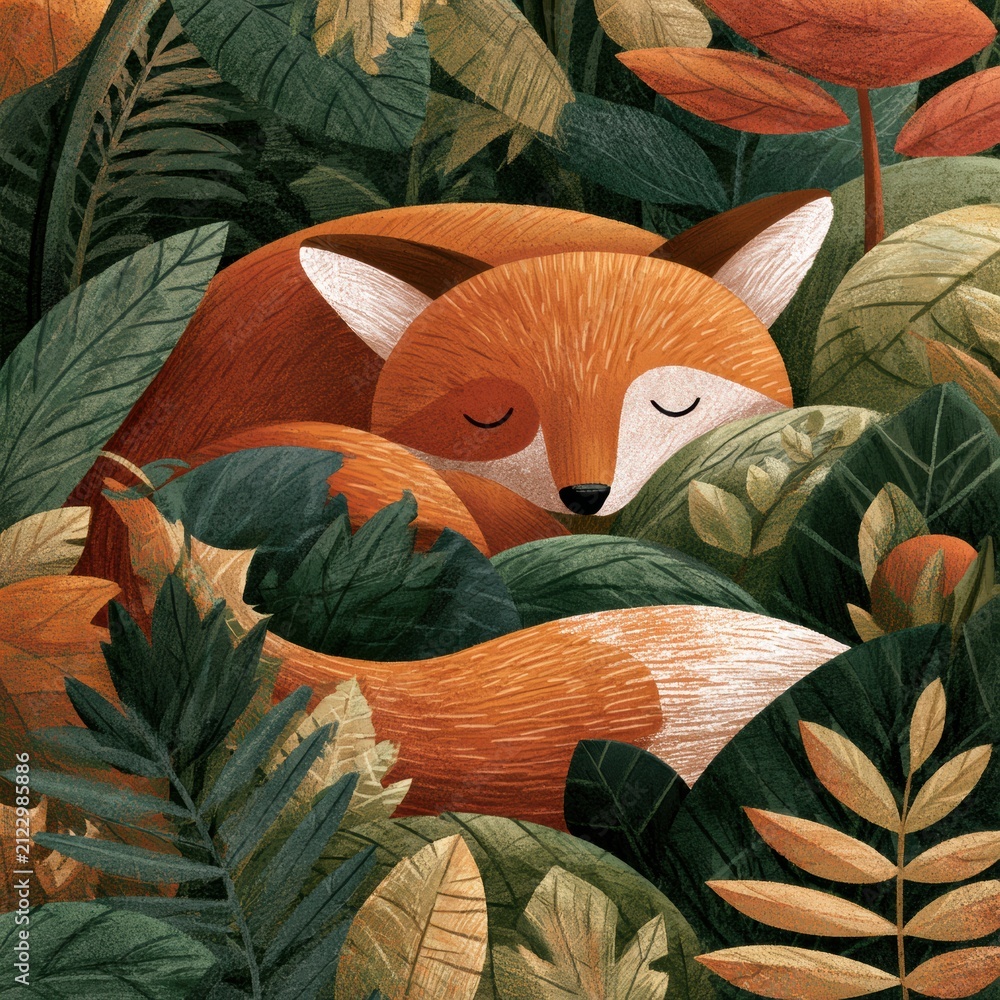 Obraz premium A fox is curled up among colorful leaves in an autumn setting. The art shows rough brush strokes and a grainy texture.