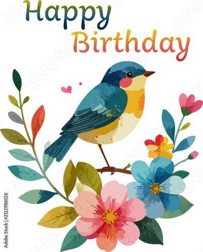 Watercolor Style Blue Bird and Flowers Happy Birthday Greeting Card Vector