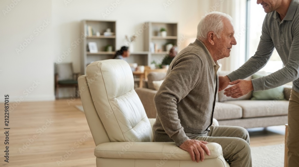 Fototapeta premium Caregiver helps senior man stand from recliner, domestic care scene with compassion and support