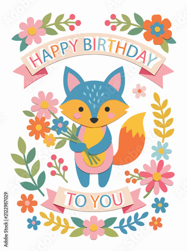 Kids Colorful Birthday Banner Design with Cartoon Woodland Fox