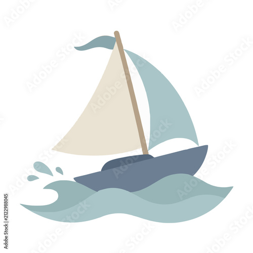 Hand-traced vector illustration of a sailboat with billowing white sail and navy hull gliding atop rolling blue waves, capturing wind-driven maritime adventure in a clean, flat, modern icon style