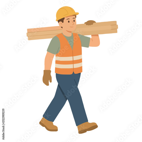 Hand-traced vector illustration of a smiling construction worker carrying timber planks over his shoulder in safety gear