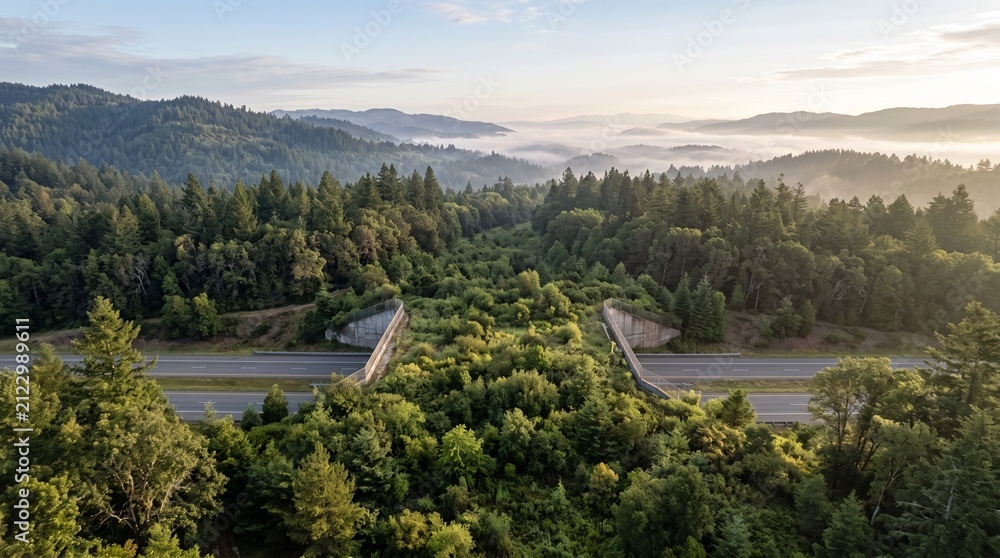 Fototapeta premium Mature wildlife overpass connects forest habitat at dawn