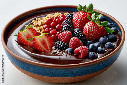 Fresh fruit bowl with granola and chocolate base served on a wooden table