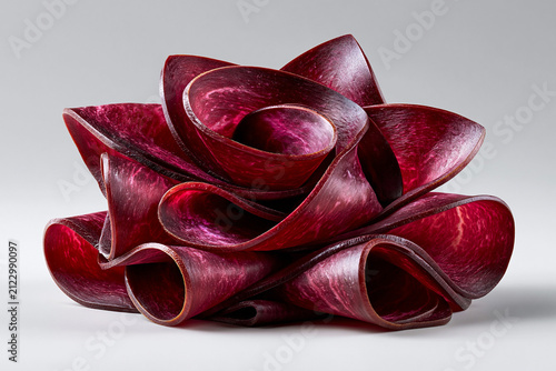 Colorful abstract sculpture made of red materials arranged in a flowing design