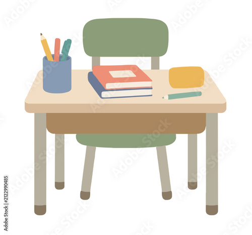 Hand-traced vector illustration of a charming school desk with colorful supplies, stacked textbooks, and a green chair for educational back-to-school designs