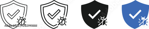 Fotografie Antivirus security shield and software bug removal checkmark vector icon set