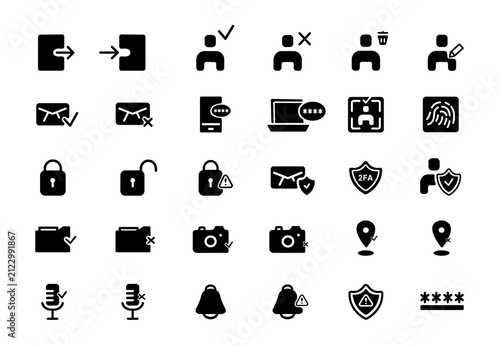 Set of authentication glyph icons including login, user, secure account, password protection, biometric, two-factor authentication, email verification. Solid black UI icons for web and apps.