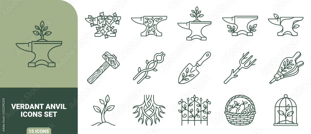 Obraz premium Set of green outline icons featuring anvils, blacksmith tools, and plants with leaves, vines, and roots