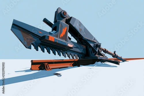 Heavy duty mechanical rail cutting tool positioned on rusty steel track against light blue backdrop