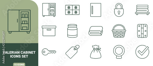 Valerian cabinet icons set featuring various outline symbols including storage furniture, jars, locks, keys, and folded textiles