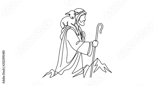 Continuous one line drawing of shepherd carrying lost lamb on shoulders. Biblical parable vector illustration. Isolated on white background