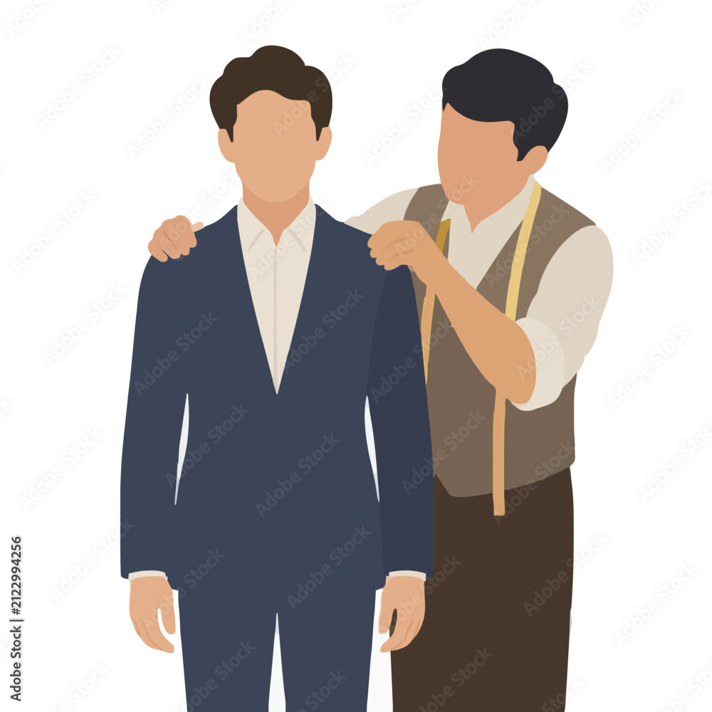 Obraz premium Tailor adjusting suit jacket shoulders on a male client in a flat isometric hand-drawn vector illustration, blue suit, beige shirt, brown apron, professional fitting concept