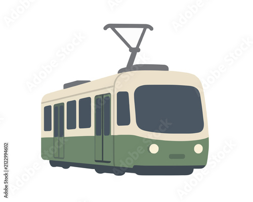 Hand-drawn vector illustration of a vintage cream and green tram with pantograph gliding through an urban city street scene in flat cartoon style for transit designs