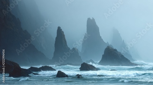 Dramatic misty coastal sea stacks rising from turbulent ocean waves, digital art