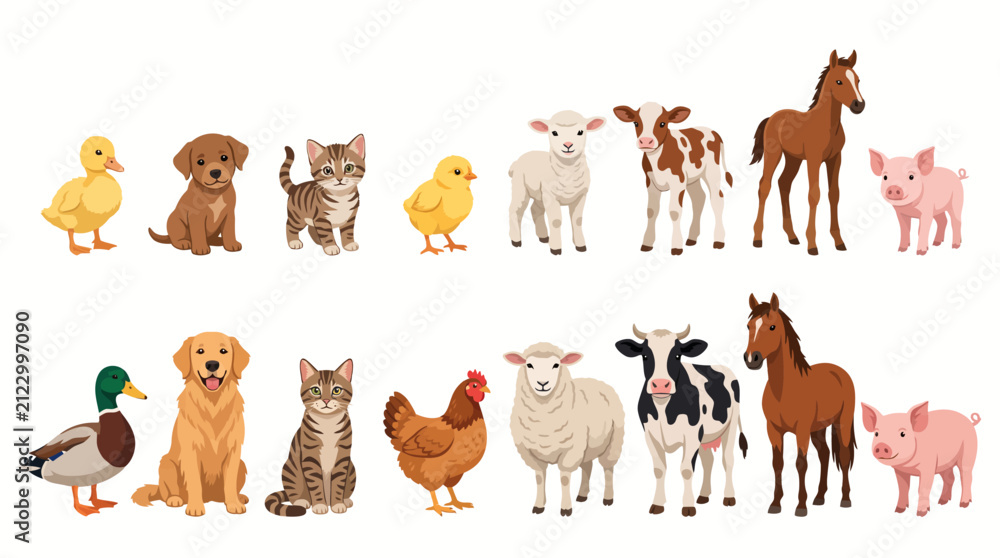 Obraz premium Cute baby animals with their parents. Set of farm and domestic animal families illustration.
