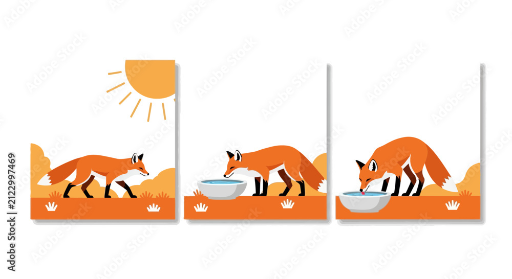 Fototapeta premium Red Fox Drinking Water from a Bowl Vector Illustration Set
