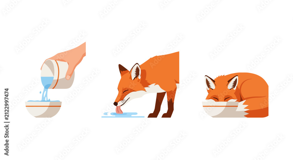 Fototapeta premium Fox hydration and rest flat vector illustration set