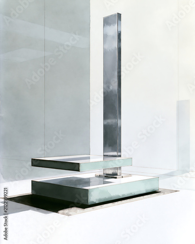 Abstract geometric sculpture with reflective metallic pillar and glass platforms on