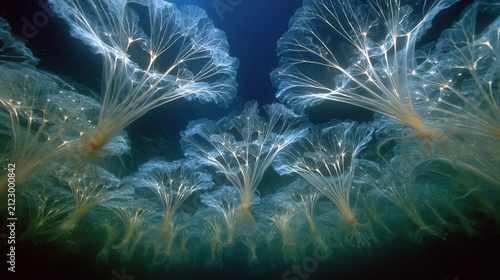 Underwater garden of bioluminescent siphonophores captivating the depths with glowing beauty