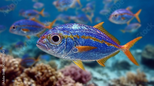 Underwater kingdom with vibrant blue fish and coral reef biodiversity in deep sea